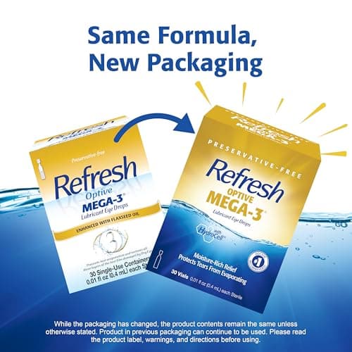 Refresh Optive Mega-3 Lubricant Eye Drops For Dry Eyes, Preservative-Free, 0.01 Fl Oz Single-Use Containers, 30 Count