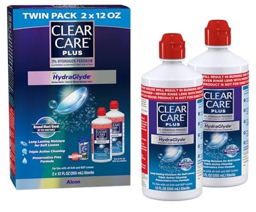 CLEAR CARE PLUS Cleaning & Disinfecting Contact Lens Solution (12 oz, Pack of 2), HydraGlyde Moisture Matrix, For Soft & RGP Lenses, Preservative-Free, Included Lens Case, Deep Cleaning Action