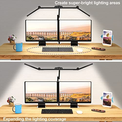 Micomlan Led Desk Lamp with Clamp, Architect Desk Lamp for Home Office with Atmosphere Lighting, 24W Ultra Bright Auto Dimming Computer Light Stepless Dimming and Tempering LED Table Light