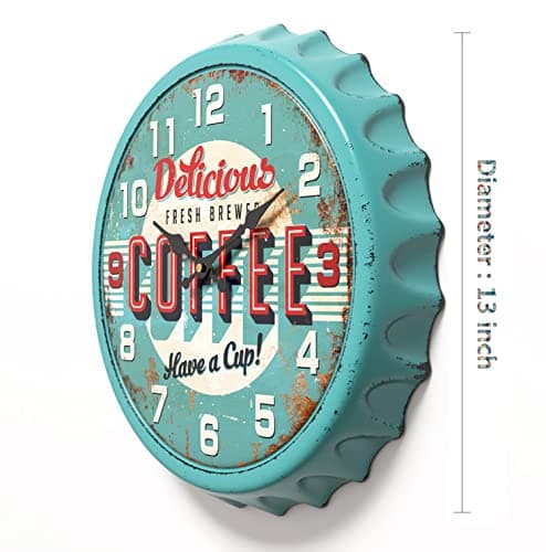 Menterry Bottle Cap Design Iron Retro Wall Clock, 13 inch Vintage Style, Silent Non-Ticking Battery Operated Creative Decor Wall Clocks for Cafes,Farmhouse,Office,Kitchen (Blue)