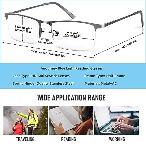Anourney Blue Light Blocking Glasses, Lightweight Metal Half Frame Computer Reading/Gaming/TV/Phones Glasses,Filter UV Ray/Computer Glare with Spring Hinge Eyeglasses(2PCS Black)