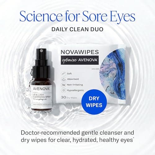 Avenova Eyelid and Eyelash Cleanser Spray & Wipe Kit - Kit with Gentle Cleansing Hypochlorous Acid Spray & 30 Dry Eyelid Wipes for Eye Irritation