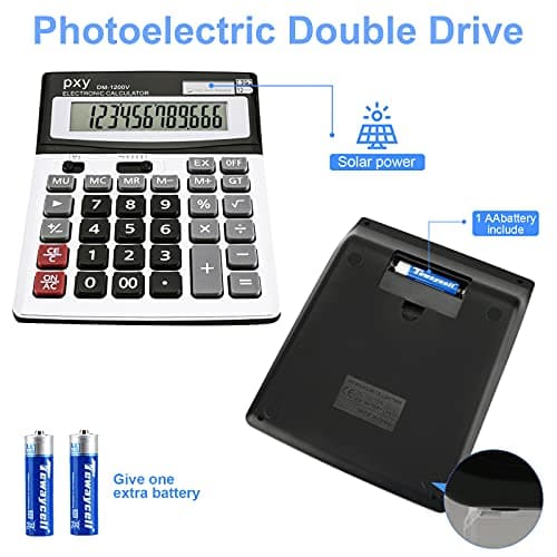 Desk Calculator 12 Digit Extra Large LCD Display, Touch Comfortable with Big Buttons, PXY Two Way Power Battery and Solar Standard Function Office Calculators