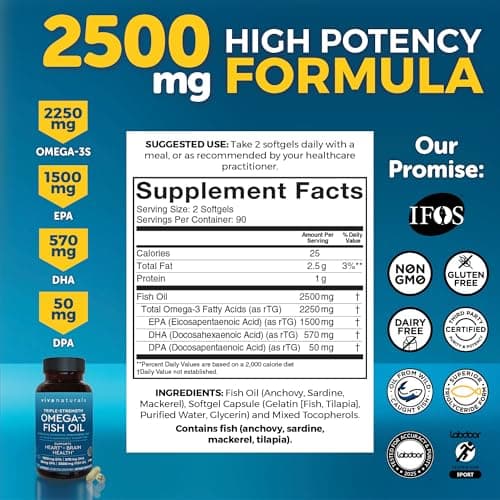 Triple Strength Omega 3 Fish Oil Supplement for Men and Women – 2500 mg High-Potency, Easy-to-Absorb Re-esterified Triglyceride Form, Pescatarian-Friendly DPA EPA DHA Omega 3 Supplement, 180 Softgels