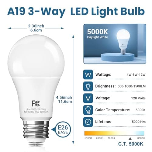 TJOY 3 Way Light Bulbs 40 60 100 Equivalent Daylight White 5000K, Dimmable A19 Three Way Light Bulbs E26 Medium Base, 4/8/12W Energy Saving UL Listed for Floor Lamp, Desk Lamp and Table Lamp, 2 Pack