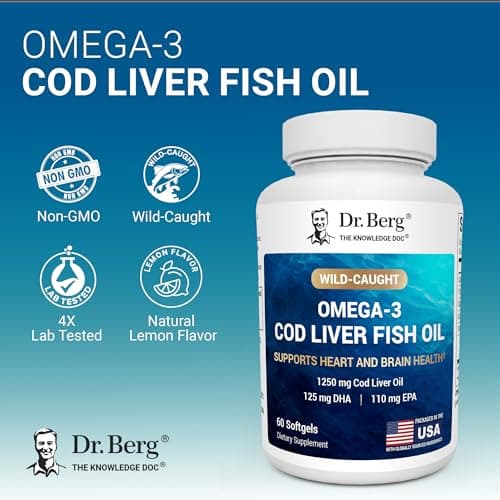 Dr. Berg Omega-3 Cod Liver Fish Oil 60 Softgels – Wild-Caught Icelandic Cod – Omega 3 EPA & DHA – Heart, Brain, Immune & Eye Support* – Lemon Flavor – 4X Lab-Tested – Non-GMO, No Fillers