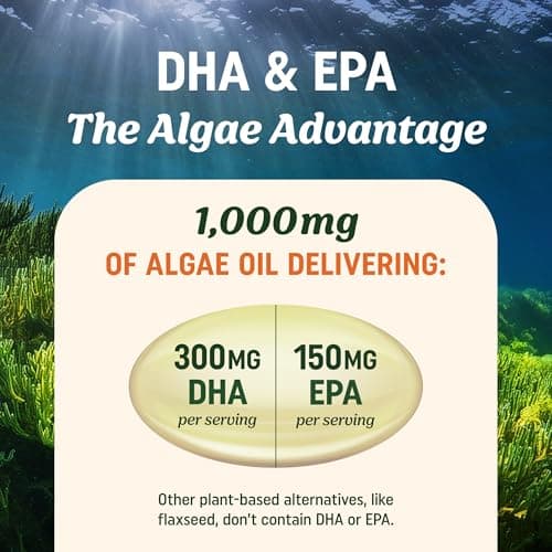 Vegan Omega 3 Algae Oil | Plant Based DHA EPA | Sustainably Sourced, No Carrageenan | Heart, Brain & Eye Health Support | Fish Oil Alternative | Omega 3 Fatty Acid Supplements | 60 Softgels