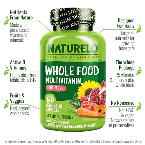 NATURELO Multivitamins for Teenage Girls/Boys, 60 Capsules, Whole Food Multivitamin with Minerals, Non-GMO, Vegetarian