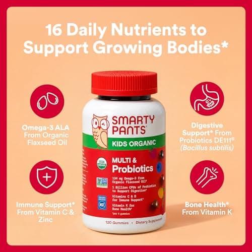 SmartyPants Organic Kids Multivitamin Gummies: Probiotics, Omega 3 (ALA), Vitamin D3, C, Vitamin B12, B6, A, K & Zinc for Immune Support, Biotin, Three Fruit Flavors, 120 Count (30 Day Supply)