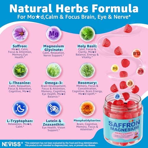 Saffron +Magnesium Glycinate +Omega-3 - Calm Focus Gummies for Kids 4+, Saffron Extract Supplement with L-Theanine, Holy Basil, Rosemary, B6, D3 for Happy Mood, Cognition, ZZz, Sugar Free, 2 Pack
