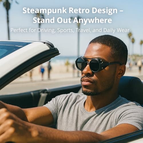 Minedmh Adjustable Tint Steampunk Sunglasses – ND Filter, UV400 Polarized – Retro Round Shades, Leather Side Shields (Classic Black)