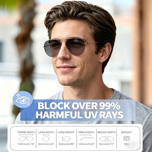 Joopin 3 Pack Photochromic Aviator Sunglasses Women Men Transition Blue Light Glasses Color Changing (Black + Gold + Silver)
