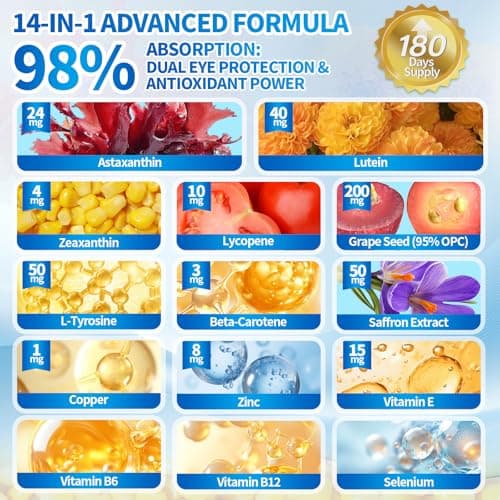 VivoNu 14-in-1 Astaxanthin 24mg & Lutein 40mg with Zeaxanthin Supplements, 6 Month Supply, Fresh Microalgae Source, Gluten Free Non-GMO, Supports Eye, Skin, Antioxidant, 180 Softgels, 1 Bag