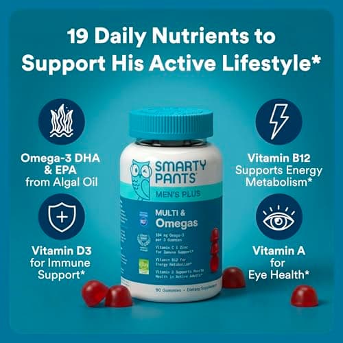 SmartyPants Men's Multivitamin Gummies with Omega 3 DHA/EPA, Methylfolate, Vitamin D3, C, B12, B6, A, K, Zinc, Raspberry Lemonade Flavor, 90 Count (30 Day Supply)