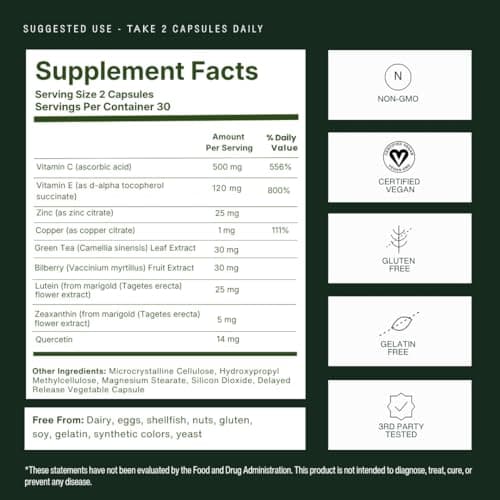 Macutene Protect Eye Vitamins for Macular Support Areds 2 with Lutein and Zeaxanthin Supplements (25mg/5mg) – Doctor Formulated Bilberry Supplement for Eyes, Lab Tested, Vegan (60 Capsules)