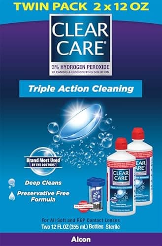 CLEAR CARE Cleaning & Disinfecting Contact Lens Solution, 12 fl oz, Twin Pack, For Soft & RGP Lenses, No Rubbing, Preservative-Free, Included Lens Case, Deep Cleans and Removes Deposits
