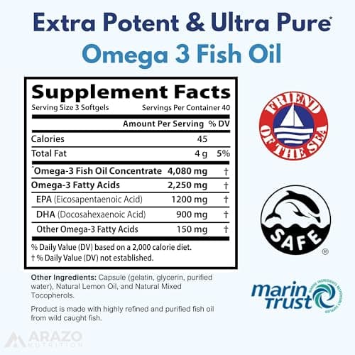 Arazo Nutrition Wild Caught Omega-3 Fish Oil Concentrate – 4,080mg per Serving – High EPA 1200mg & DHA 900mg – 120 Burpless Lemon Softgels