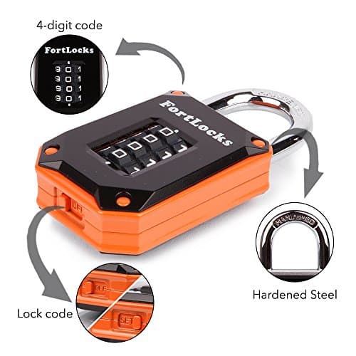 FortLocks Gym Locker Lock - 4 Digit, Heavy Duty, Hardened Stainless Steel, Weatherproof and Outdoor Combination Padlock - Easy to Read Numbers - Resettable and Cut Proof Combo Code - 1 Pack Orange