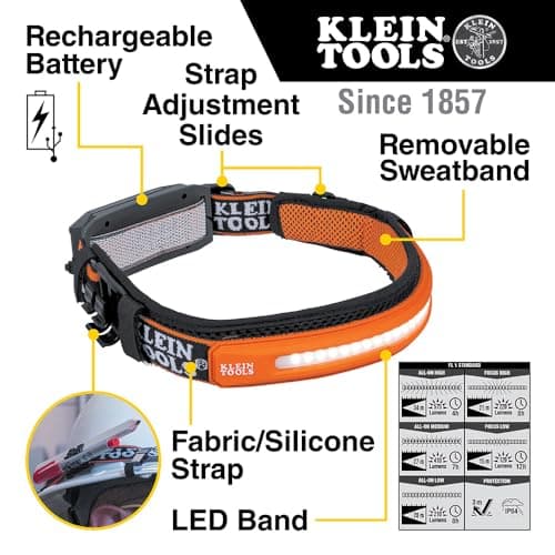 Klein Tools 56308 Rechargeable Headlamp with Strap, 575 Lumens, Wide-Beam LED, All-On or Direct Focus Modes, for Work and Outdoors