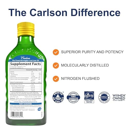 Carlson - Cod Liver Oil, 1100 mg Omega-3s, Liquid Fish Oil Supplement, Wild-Caught Norwegian Arctic, Sustainably Sourced Nordic Liquid, Lemon, 250 ml