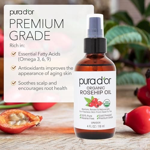 PURA D'OR 4 Oz ORGANIC Rosehip Seed Oil 100% Pure Cold Pressed USDA Certified Anti-Aging Youthful Look-Vitamin A & C Rich-Helps Fade Appearance of Scars & Stretch Marks - For Face, Hair & Body