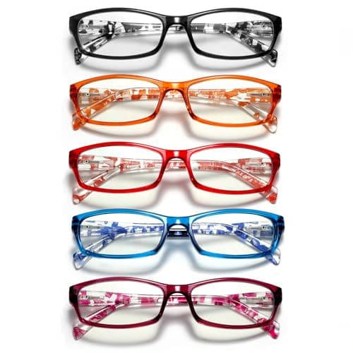 kunchu Reading Glasses for Women Men - 5 Pack Blue Light Blocking Spring Hinge Computer Readers Anti Glare UV Eyeglasses (Clear Floral, 2.00, x)