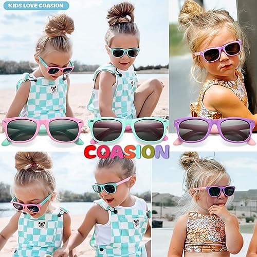 COASION Kids Polarized Sunglasses Set TPEE Rubber Flexible Shades for Girls Boys Age 3-9 Sunglasses 3 Pack (Purple + Rosepink + Applegreen)