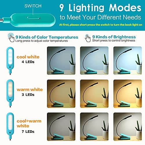 VAVOFO Clip On Book Light for Bed Kids, 7 LED Reading Light with 9-Level Warm Cool White Daylight, Eye Care Lamp with Power Indicator for Bookworms (Blue)