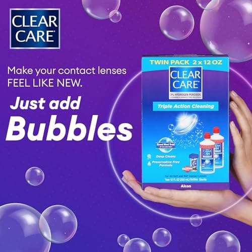 CLEAR CARE Cleaning & Disinfecting Contact Lens Solution, 12 fl oz, Twin Pack, For Soft & RGP Lenses, No Rubbing, Preservative-Free, Included Lens Case, Deep Cleans and Removes Deposits