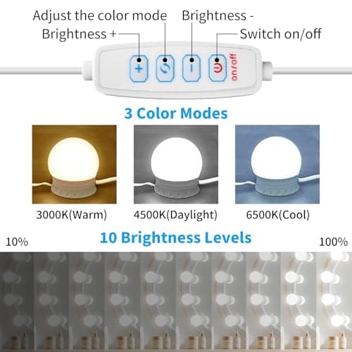 LED Vanity Mirror Lights with 12 Stick On Dimmable Bulbs, 3000K 4500K 6500K & 10 Brightness Levels Adjustable, Plug in USB Cable, Hollywood Style Mirror Lights for Makeup Desk Bathroom Dressing Room