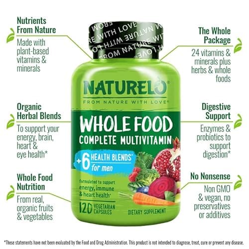 NATURELO Mens Multivitamins - Whole Food Multivitamin for Men with Vitamins, Minerals - 120 Vegetarian Capsules for Energy, Brain, Heart, Eye Health*