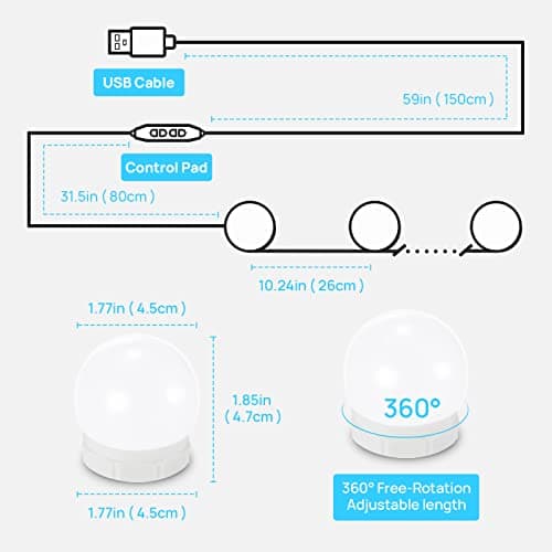 LED Vanity Lights For Mirror, Consciot Hollywood Style Vanity Lights With 10 Dimmable Bulbs, Adjustable Color & Brightness, USB Cable, Mirror Lights Stick on for Makeup Table Dressing Room Mirror