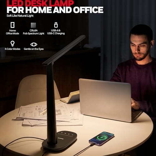 Honeywell LED Desk Lamp for Home Office, Eye-Caring Light with 4 Color Modes & Touch Control, USB A+C Charging Ports, Adjustable Rotating Head with Timer for Reading, Bedroom & Small Desks