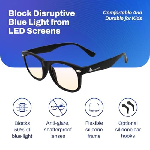 DefenderShield Blue Light Glasses For Kids – Kids Blue Light Glasses Girls and Boys With Amber Lenses (50% Blue Light Blocking) For Screens – Lightweight, Flexible & Shatterproof Black Fit Frames