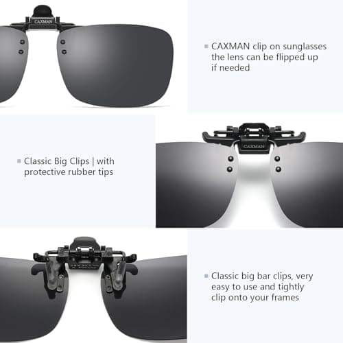 CAXMAN Polarized Clip-on Flip Up Metal Clip Rimless Sunglasses, Lightweight, Black Lens 59 * 42mm