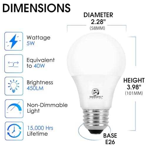 Energetic Lighting 40W Equivalent A19 LED Light Bulb, Warm White 3000K, E26 Standard Base, ETL Listed, Non-Dimmable LED Light Bulb, 4-Pack