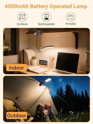 ReinHoo Clip on Light,9 Brightness+5 Color Rechargeable Desk Lamp,4000mAh Battery Operated Lights,450 Lumen 48 LED Desk Lamp with Clamp Light,Cordless Reading Lamps for Bed/Headboard/Bedside Table