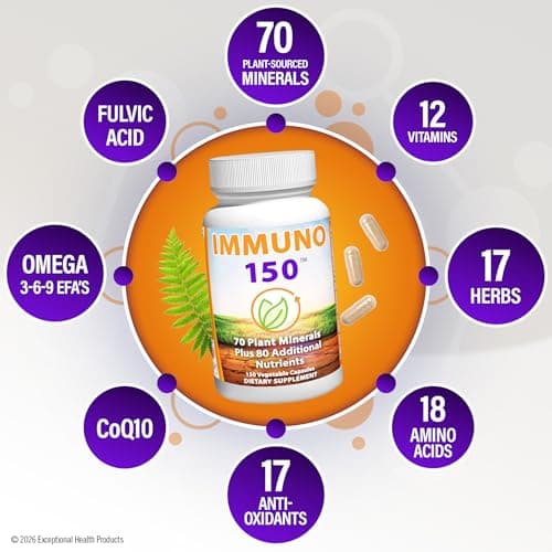 Immuno 150, Immune Support Supplement, Packed with 70 Plant Minerals, 13 Essential Vitamins and 68 Additional Nutrients-150 Vegetable Capsules- Immune Boost for All Age Groups