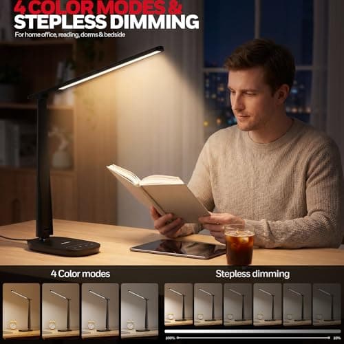 Honeywell LED Desk Lamp for Home Office, Eye-Caring Light with 4 Color Modes & Touch Control, USB A+C Charging Ports, Adjustable Rotating Head with Timer for Reading, Bedroom & Small Desks