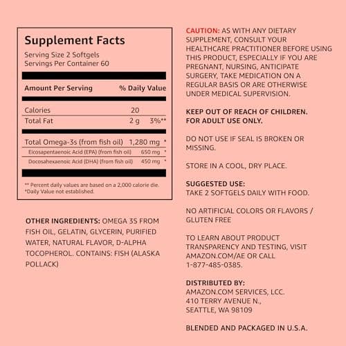 Amazon Elements Super Omega-3, Wild-Caught Fish Oil, Natural Lemon Flavor, EPA & DHA Omega-3 Fatty Acids, 1280 mg per Serving, 120 Softgels (Packaging may vary)