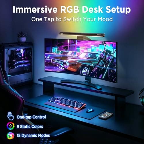 Quntis Monitor Light RGB Backlight, Eye-Care Computer Lights Bar Gaming Office Desk Lamp, 15 Modes Backlight, 3 Color Temperature & Brightness Dimmable Front Light, Ra95 Screen No Glare Monitor Lamp