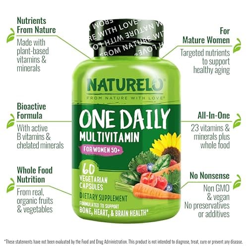 NATURELO One Daily Multivitamin for Women 50+ (Iron Free) - Menopause Support for Women Over 50 - Whole Food Supplement - Non-GMO - No Soy - 60 Capsules - 2 Month Supply