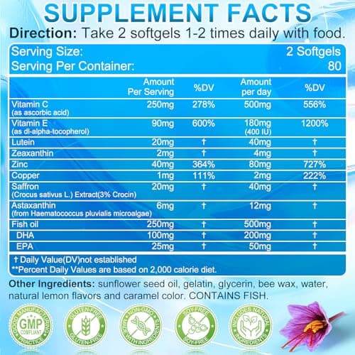 SIGNILIFE AREDS 2 Plus Eye Vitamins-40mg Lutein and 4mg Zeaxanthin with Astaxanthin 12mg,Vitamins C, E, Saffron & DHA - Eyebright,Blue Light Protection,Eye Health Support-160 Softgels