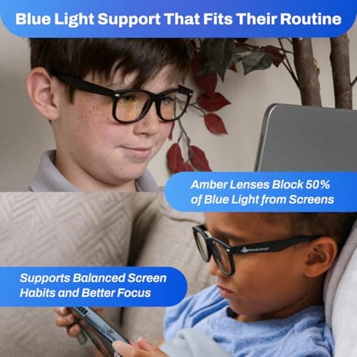 DefenderShield Blue Light Glasses For Kids – Kids Blue Light Glasses Girls and Boys With Amber Lenses (50% Blue Light Blocking) For Screens – Lightweight, Flexible & Shatterproof Black Fit Frames