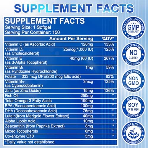 Lutein and Zeaxanthin Supplement - AREDS 2 Plus+ Eye Vitamins, 40 mg Lutein & 8 mg Zeaxanthin with Vitamins C, E, Zinc, Omega-3 & CoQ10 for Blue Light Protection, Eye Health Support - 150 Softgels