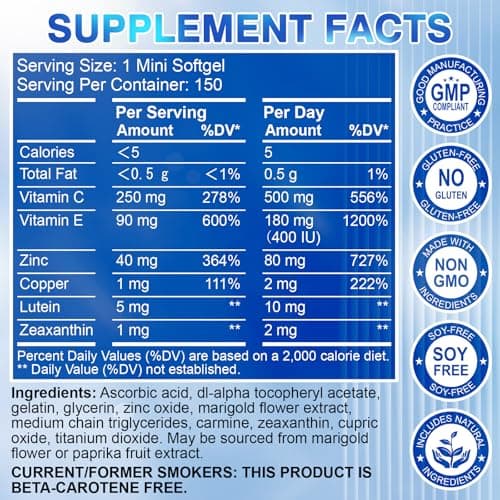 AREDS 2 Eye Vitamin & Mineral Supplement — Lutein and Zeaxanthin Supplement, Vitamin C & E, Zinc & Copper for Blue Light Protection, Eye Health Support, Eyebright , Eye Doctor Trusted — 150 Softgels
